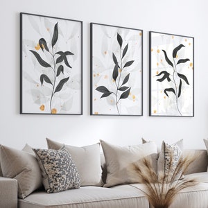 Minimalist Botanical Wall Art Set of 3 – Black & Grey Leaf Prints, Neutral Wall Art, Modern Neutral Plant Posters for Living Room Decor
