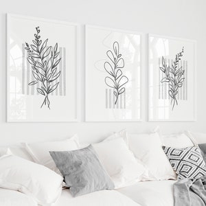 Botanical Wall Prints, Botanical Line Art, Grey Wall Prints, Hand Drawn Plants, Grey Bedroom Prints, Minimalist Art, Set of 3 Wall Prints