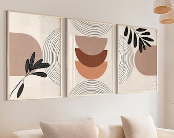 Láminas de arte abstracto bohemio para pared, decoración de pared bohemia, juego de 3 láminas, arte escandinavo para pared, láminas de mediados de siglo, negro, beige, naranja y terracota.