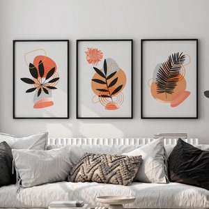 Orange Botanical Wall Art Set of 3 – Modern Abstract Black Leaf Prints, Mid-Century Boho Plant Posters for Living Room or Bedroom Décor