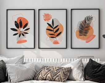 Botanical Wall Art Set: Orange and Black Abstract Leaves - Mid-Century Boho