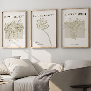 Juego de pósteres de arte lineal para el mercado de flores: impresiones botánicas en tonos salvia y oliva neutros, arte mural minimalista con jarrones florales vintage, impresiones para la sala de estar