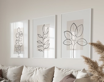 Láminas de pared neutras, láminas botánicas, arte mural vegetal, arte lineal botánico, decoración beige para el hogar, láminas de arte mural beige, juego de 3 láminas