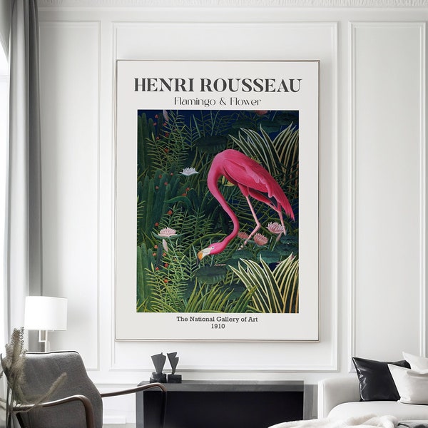 Henri Rousseau Botanical Art Prints, Flamingo Art Print, Emerald Green Wall Art, Living Room Print, Modern Vintage Exhibition Art Prints