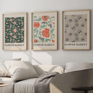 Vintage Flower Market Wall Art Set of 3 – Botanical Retro Floral Prints for Kitchen, Bedroom or Gallery Wall Decor