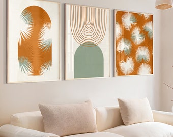 Väggdekorationsset med bohemiskt palmblad, terrakotta och grönt (minimalistiska botaniska tryck)