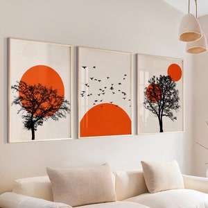 Nature Wall Prints, Sunset Landscape Art, Neutral Landscape Wall Art, Orange Wall Art, Vintage Trees Print, Sunset Posters, Modern Art Decor