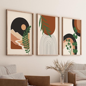 Boho Abstract Wall Art Prints, Boho Wall Decor, Set of 3 Prints, Boho Wall Art, Mid Century Prints, Black, Beige, Green, Orange, Terracotta