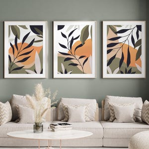 Impressões de arte de parede botânica, arte de parede abstrata, arte de parede com plantas, conjunto de 3 impressões, verde-sálvia, bege, laranja, decoração de arte floral, pôster da natureza