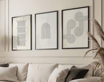 Minimalist Line Art Prints: Set of 3 Geometric Black and Beige