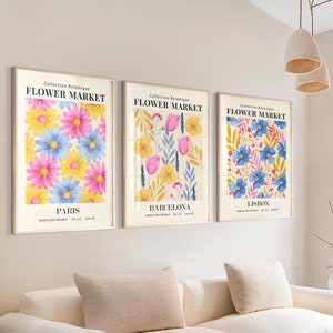 Set Of 3 Flower Market Prints, Boho Flower Art, Bedroom Wall Décor, Living Room Print, Vintage Exhibition Mid Century Modern Art Prints