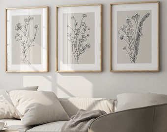 Botanical Wall Prints, Botanical Line Art, Beige Wall Prints, Plants Art Print, Natural Wall Art, Living Room  Decor, Set of 3 Wall Prints