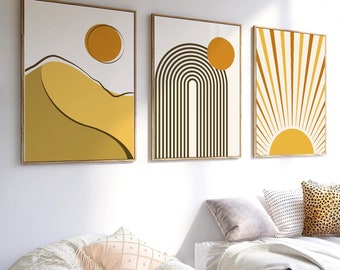 Boho Landscape Abstract Wall Art Prints, Nordic Wall Decor, Set of 3 Posters,Scandinavian Wall Art, Yellow, Mustard,Wall Art,Boho Home Decor