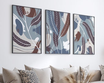 Impressões de arte de parede abstratas Boho, decoração de parede Boho, conjunto de 3 impressões, arte escandinava, impressões de meados do século, marrom, bege, azul-marinho, impressões botânicas