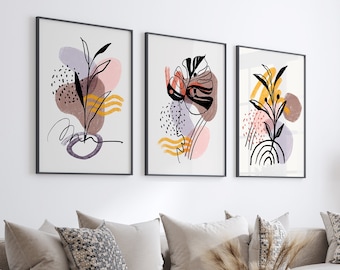 Abstract Botanical Wall Art Set of 3 – Colorful Pastel Shapes & Black Line Flowers, Modern Boho Minimalist Print for Living Room Decor