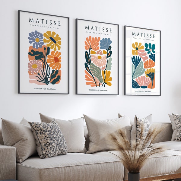 Set van 3 Matisse bloemenmarktafdrukken, Boho bloemkunst, slaapkamer muur decor, woonkamer muur print, tentoonstelling Mid Century moderne kunstafdrukken