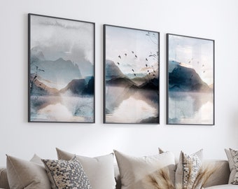 Landscape Set of 3 Prints, Abstract Watercolour Bedroom Wall Art, Grey Blue Wall Art Mountain, Nordic Wall Art, Boho Home Decor, Living Room