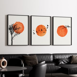 Sun Silhouette Set of 3 Prints, Scandinavian Design Print Set, Minimalist Wall Art Set, Abstract Art Print Set, Burnt Orange Home Decor