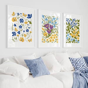 Conjunto de 3 impressões de mercado de flores, arte floral boho, amarelo, azul, impressão de sala de estar, exposição vintage, impressões de arte moderna de meados do século, botânico