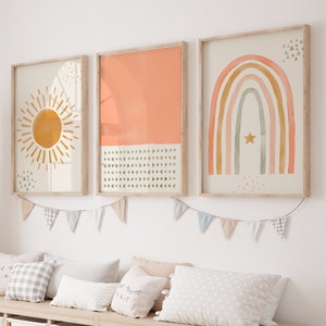 Nursery Wall Art Set - Neutral Rainbow and Sun Prints for Kids