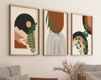 Boho Abstract Wall Art Prints, Boho Wall Decor, Set of 3 Prints, Boho Wall Art, Mid Century Prints, Black, Beige, Green, Orange, Terracotta