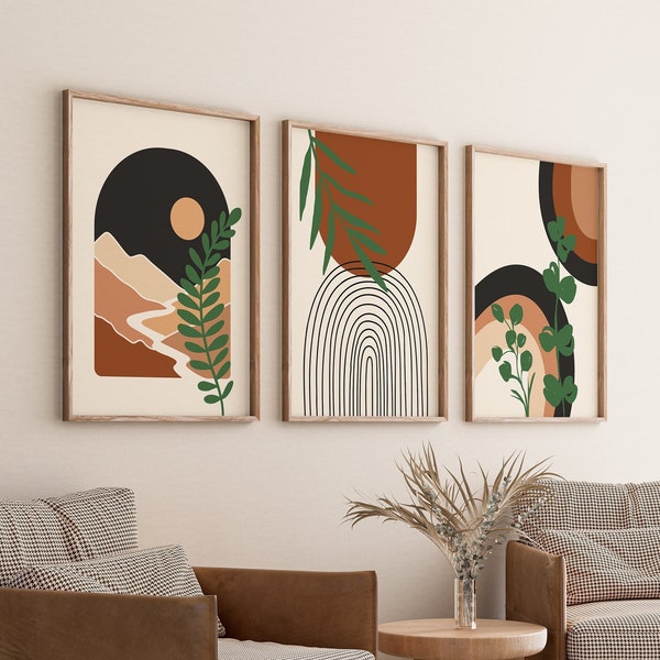 Boho Abstract Wall Art Prints, Boho Wall Decor, Set of 3 Prints, Boho Wall Art, Mid Century Prints, Black, Beige, Green, Orange, Terracotta