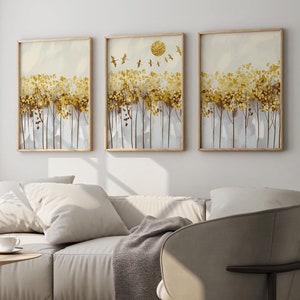 Hand Drawn Landscape Wall Art Prints, Forest Wall Prints, Abstract Golden Wall Art, Nature Wall Art, Painted Trees, Living Room Wall Decor