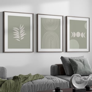 Sage Green Minimalist Wall Art Set of 3 – Boho Botanical Print, Moon Phase Poster, Line Art Print for Neutral Modern Bedroom Decor, Sage
