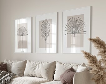 Neutral botanical line art wall art set of 3 in soft beige tones, minimal aesthetic for modern living spaces, elegant Scandinavian decor