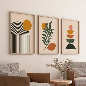 Boho Abstract Wall Art Prints, Boho Wall Decor, Set of 3 Prints, Scandi Art, Mid Century Prints, Black, Beige, Green, Mustard, Boho Wall Art