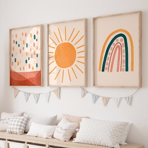Boho Nursery Wall Art Prints - Colorful Sun and Rainbow Set
