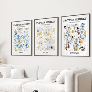 Set Of 3 Flower Market Prints, Boho Flower Art, Living Room Wall Décor, Living Room Print, Vintage Exhibition Mid Century Modern Art Prints
