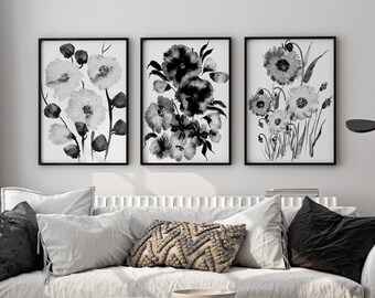 Black and white floral wall art, monochrome flower print set of 3, elegant watercolor botanical prints, minimalist modern home decor