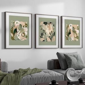 Boho Abstract Wall Art Prints, Sage Green Boho Wall Decor, Set of 3 Prints, Scandi Art, Mid Century Prints, Sage, Green, Beige,Boho Wall Art