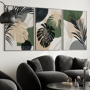 Botanical Wall Prints, Boho Wall Art, Nordic Wall Decor, Living Room Prints, Set of 3 Prints, Dark Green, Beige, Grey, Black,Boho Home Decor