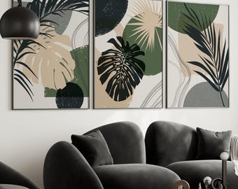 Botanical Wall Prints, Boho Wall Art, Nordic Wall Decor, Living Room Prints, Set of 3 Prints, Dark Green, Beige, Grey, Black,Boho Home Decor
