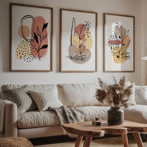 Boho Abstract Wall Art Prints, Boho Wall Decor, Set of 3 Wall Prints, Scandi, Mid Century Wall Art,  Botanical Prints, Beige, Mustard Yellow