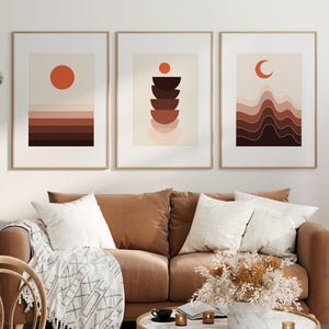 Abstract Terracotta Sun & Desert Landscape Wall Art Print Set of 3 – Mid-Century Modern Boho Minimalist Geometric Shapes Wall Art,Home Décor