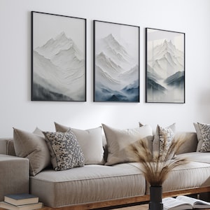 Stampe da parete con paesaggi acquerellati, dipinti naturalistici, montagne, arte da parete scandinava, set di 3 stampe, grigio, blu, arredamento boho per la casa