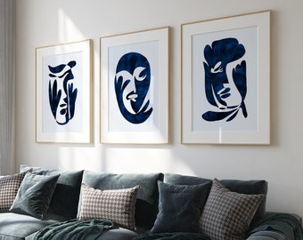 Abstracte gezichtsmuurkunstset, moderne marineblauwe lijnkunstafdrukken, minimalistische portretafdrukken, eigentijds esthetisch decor, boho-galerijstijl