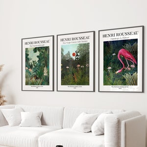 Set of 3 Henri Rousseau Botanical Art Prints, Emerald Green Wall Art, Living Room Print, Vintage Exhibition Art Prints, Large Wall Decor