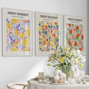 Fruit Market Wall Art Print Set, Colorful Tropical Fruit Illustration Posters, Vibrant Kitchen Decor, Modern Botanical Gallery Wall Set of 3