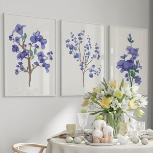 Watercolor Botanical Flower Art Print, Blue Hand Drawn Flowers Wall Art, Boho Flower Garden Prints, Flower Market Print, Blue Floral Prints
