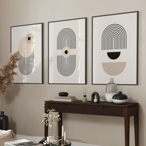 Minimalist Geometric Wall Art Print Set of 3 – Beige Art, Modern Abstract Line Art, Neutral Boho Decor for Living Room,Mid Century Art Print