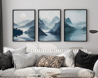 Blue Mountains Wall Art Set of 3 – Misty Landscape Prints, Minimalist Nature Posters