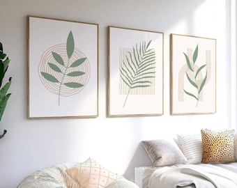 Set van 3 groene boho-muurafdrukken, groene muurkunst, plant muurafdrukken, salie groene muurafdrukken, abstracte kunst, groene muur decor, boho woondecoratie