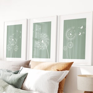 Botanical Prints Set of 3, Botanical Wall Art, Bedroom Wall Prints, Sage Green Wall Art, Dandelion, Plant Prints, Nature Art, Green Art