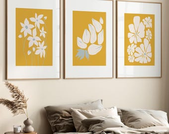 Mustard Yellow Floral Set of 3 – Minimalist Botanical Prints, Mid Century Modern Scandi Wall Art