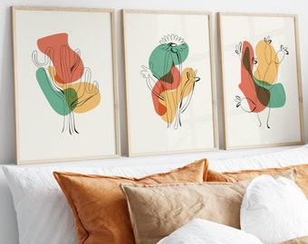 Abstract Floral Line-Art Prints Set of 3, Mid-Century Boho Wall Art, Beige, Terracotta & Sage Modern Botanical Posters for Living Room Décor