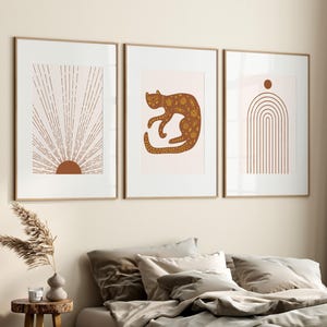 Terracotta Boho Wall Art Print Set of 3 – Rustic Sunburst, Folk Cat & Rainbow Arch Posters, Mid-Century Modern Minimalist Home Decor
